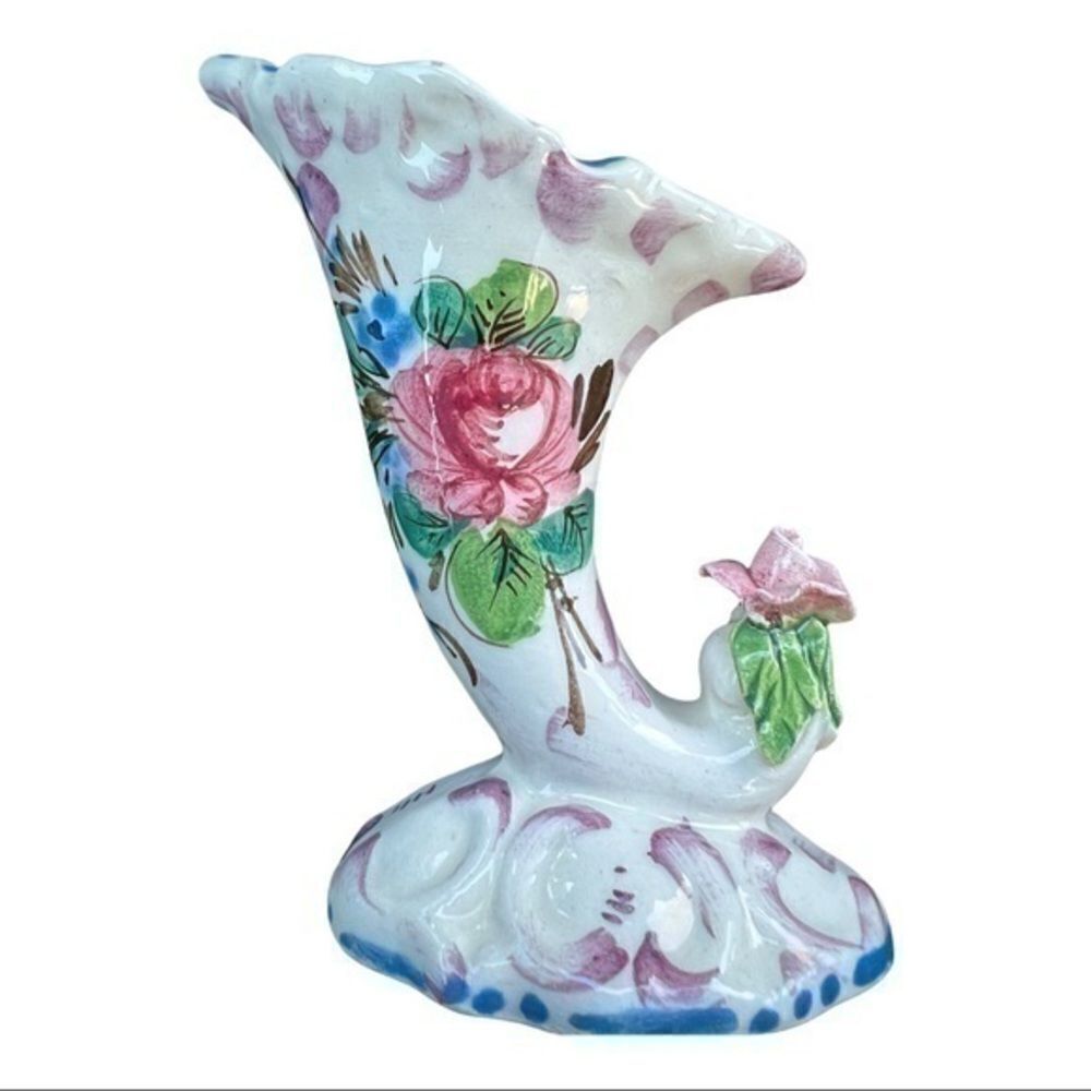 Vintage ITALIAN Hand Painted Mini 5" Tall Cornucopia Vase Made In ITALY